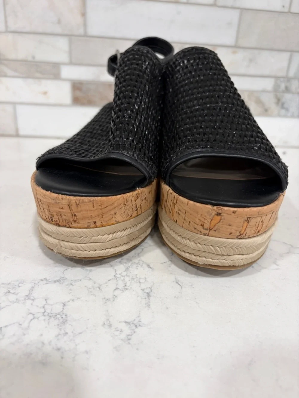 Steve Madden Women’s Black and Tan Woven Cork Wedge Platform Sandals Sz 7.5